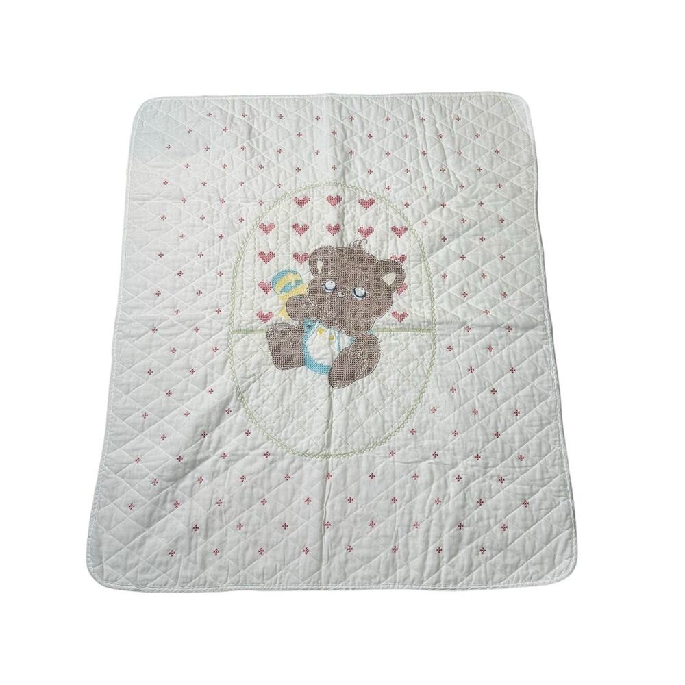 Vintage Handmade Cross Stitch Quilted Baby Blanket Baby Bear With Rattle Hearts